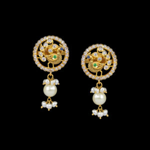 Diamond Emerald Circular Gold Studs with Pearl Drops