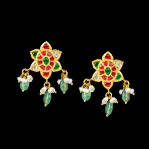 Ruby Emerald Floral Gold Studs with Bead Drops