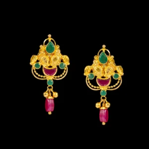 Temple Ruby Emerald Gold Studs with Ruby Drop