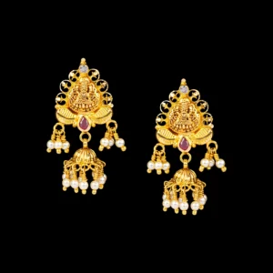 Temple Gold Stud Earrings with Pearl Jhumka Drops