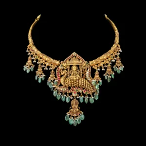 Temple Gopuram Gold Necklace with Emerald Drops