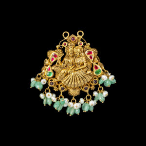 Radha Krishna Emerald Gold Pendant with Bead Drops