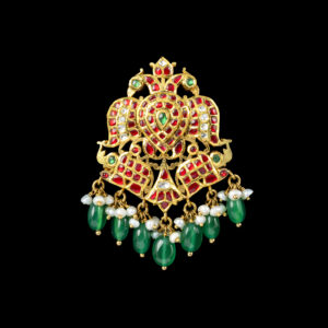 Ruby Emerald Peacock Gold Pendant with Pearl Drops