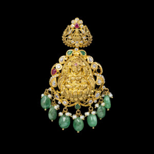 Lakshmi Gold Pendant with Emerald Bead Fringe