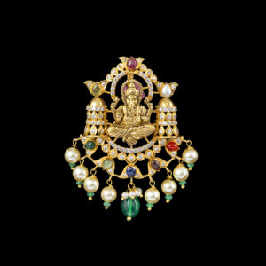 Ganesha Temple Gold Pendant with Pearl & Emerald Drops