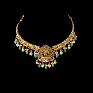 Lakshmi Temple Gold Necklace with Pearl Emerald Drops