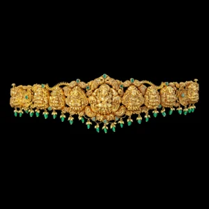 Lakshmi Motif Gold Vaddanam with Emerald Fringe
