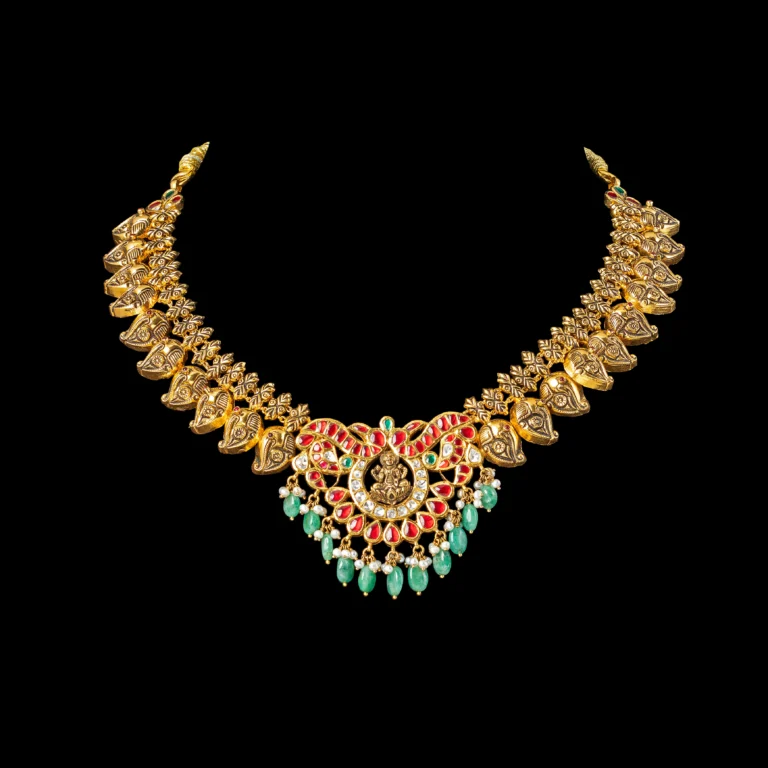 Mango Motif Gold Necklace with Ruby Emerald Pendant